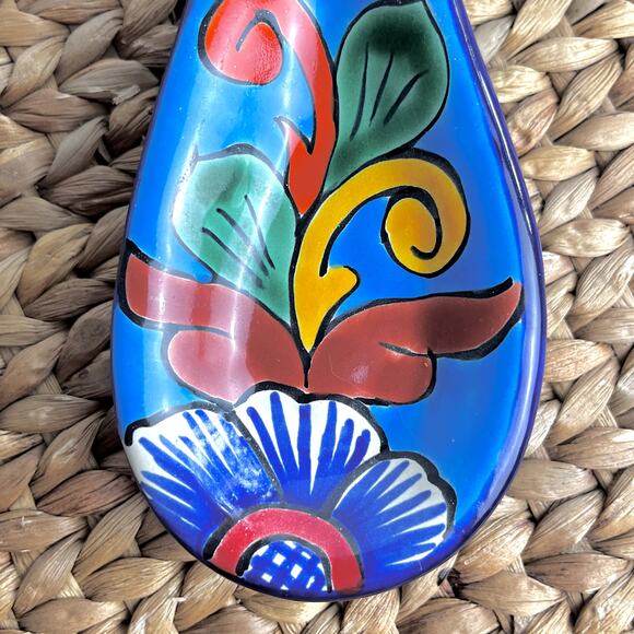VTG Mexican Talavera Pottery Spoon Rest Colorful Floral Handcrafted Turquoise - Picture 2 of 6